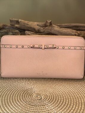 kate spade Blush Pink Zip-Around Wallet with Bow & Stud Trim